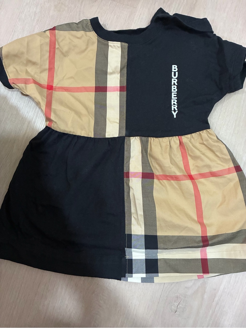 Burberry Black Tee with Beige Signature Plaid Panels